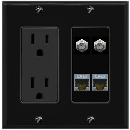 RiteAV 2 CAT7 2 COAX Wall Plate with 15A Power Outlet [Black]