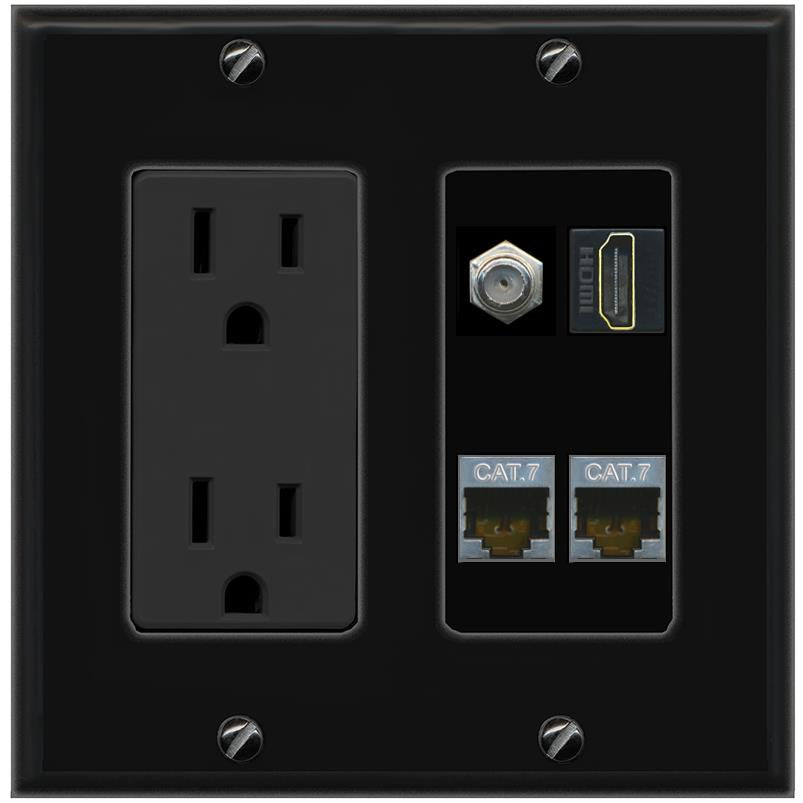 RiteAV 2 CAT7 COAX HDMI Wall Plate with 15A Power Outlet [Black]