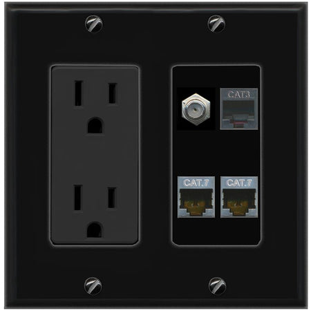 RiteAV 2 CAT7 COAX PHONE Wall Plate with 15A Power Outlet [Black]