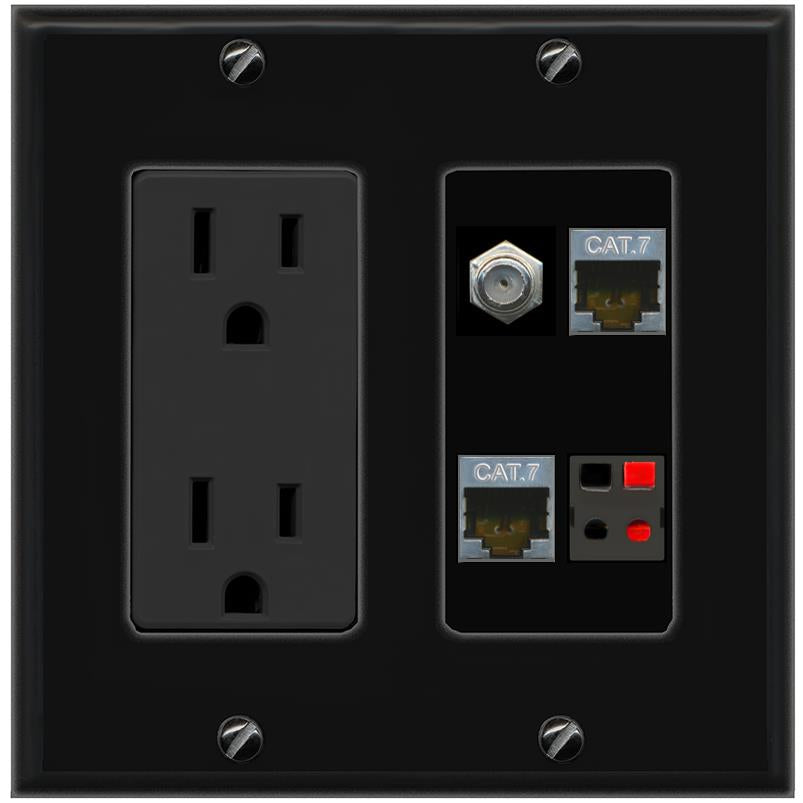 RiteAV 2 CAT7 COAX SPEAKER Wall Plate with 15A Power Outlet [Black]