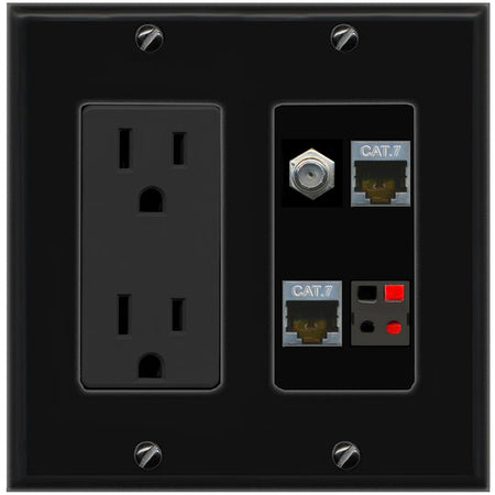 RiteAV 2 CAT7 COAX SPEAKER Wall Plate with 15A Power Outlet [Black]