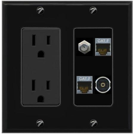 RiteAV 2 CAT7 COAX TOSLINK Wall Plate with 15A Power Outlet [Black]