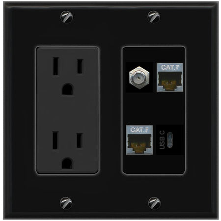 RiteAV 2 CAT7 COAX USBC Wall Plate with 15A Power Outlet [Black]