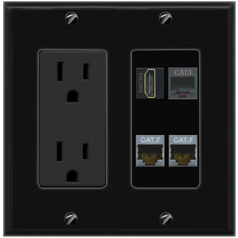 RiteAV 2 CAT7 HDMI PHONE Wall Plate with 15A Power Outlet [Black]