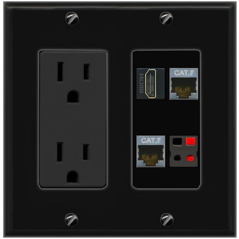 RiteAV 2 CAT7 HDMI SPEAKER Wall Plate with 15A Power Outlet [Black]