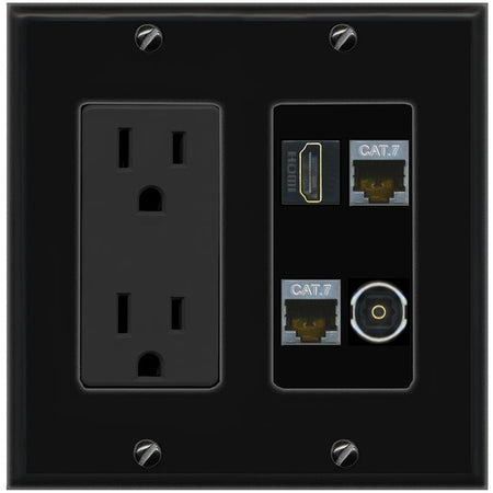 RiteAV 2 CAT7 HDMI TOSLINK Wall Plate with 15A Power Outlet [Black]
