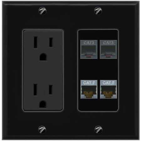 RiteAV 2 CAT7 2 PHONE Wall Plate with 15A Power Outlet [Black]