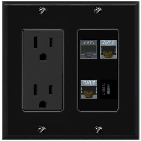 RiteAV 2 CAT7 PHONE USBC Wall Plate with 15A Power Outlet [Black]