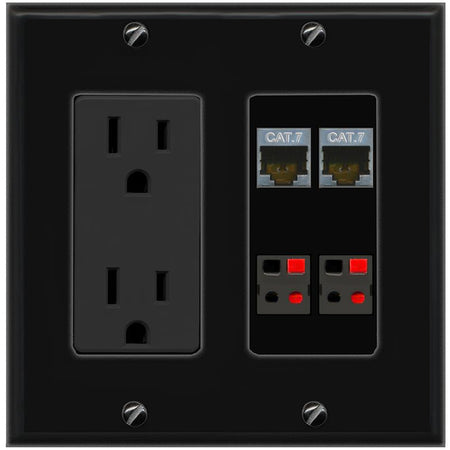RiteAV 2 CAT7 2 SPEAKER Wall Plate with 15A Power Outlet [Black]
