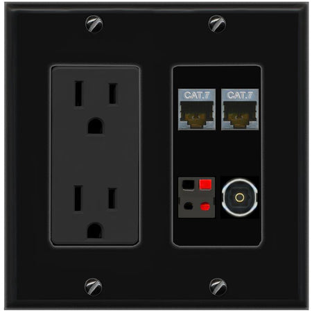 RiteAV 2 CAT7 SPEAKER TOSLINK Wall Plate with 15A Power Outlet [Black]