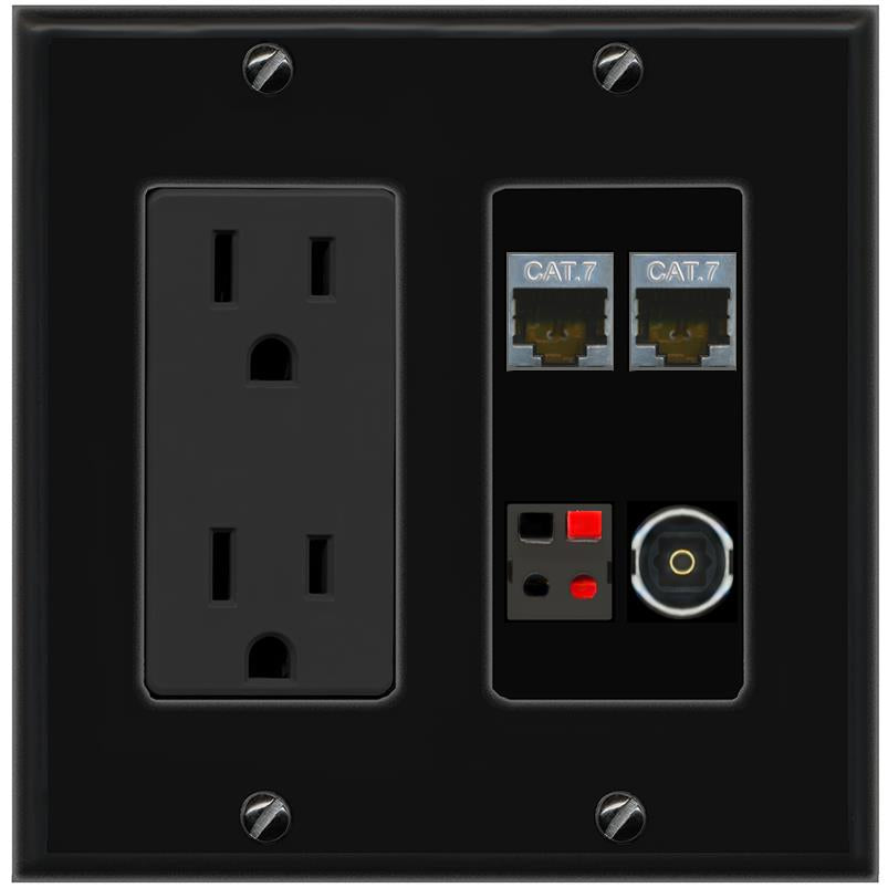 RiteAV 2 CAT7 SPEAKER TOSLINK Wall Plate with 15A Power Outlet [Black]