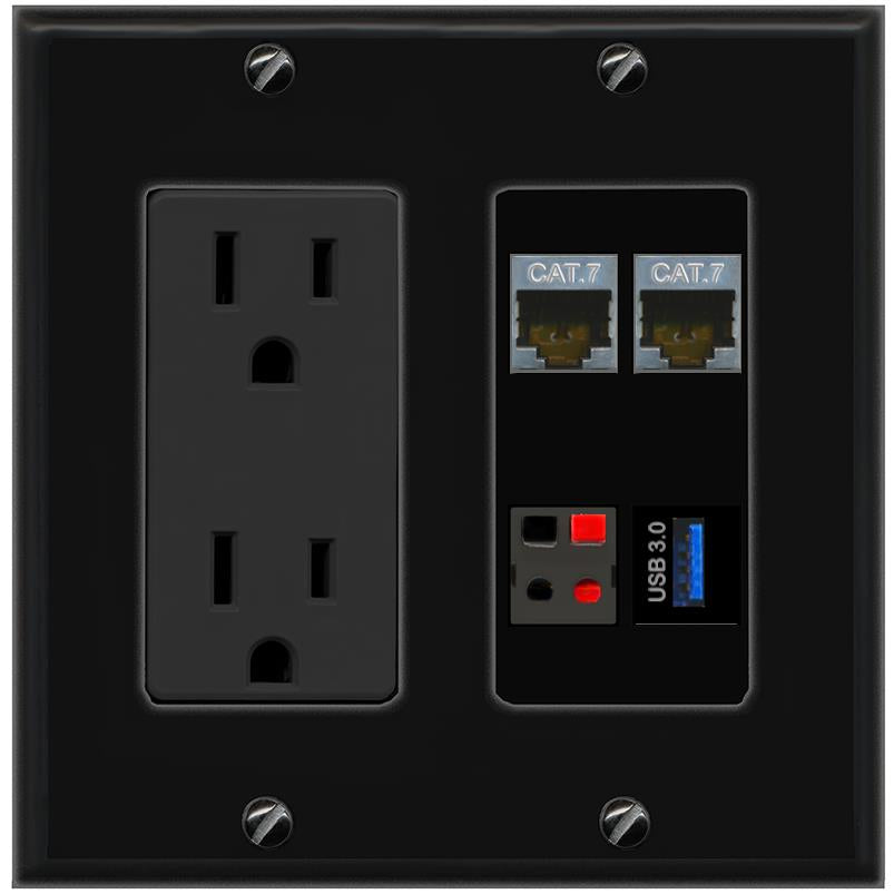 RiteAV 2 CAT7 SPEAKER USB-3 Wall Plate with 15A Power Outlet [Black]