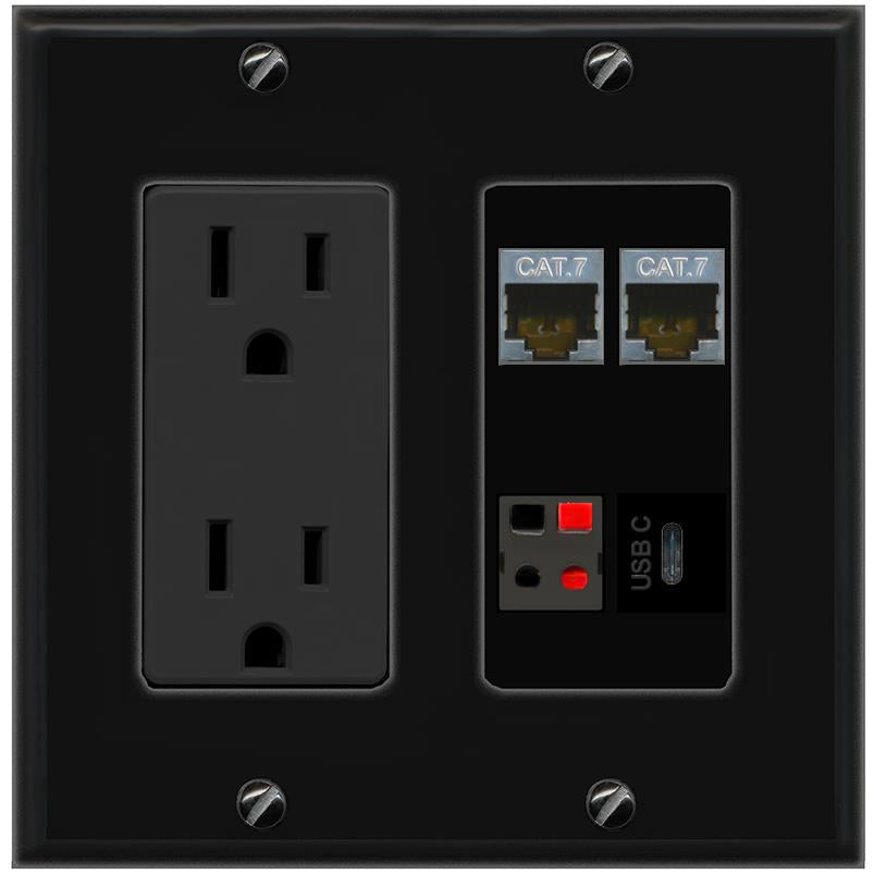 RiteAV 2 CAT7 SPEAKER USBC Wall Plate with 15A Power Outlet [Black]