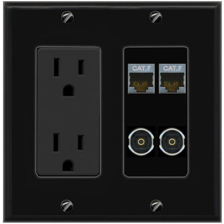 RiteAV 2 CAT7 2 TOSLINK Wall Plate with 15A Power Outlet [Black]