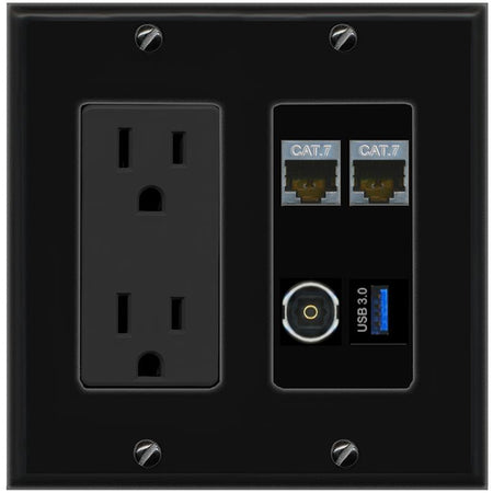 RiteAV 2 CAT7 TOSLINK USB-3 Wall Plate with 15A Power Outlet [Black]