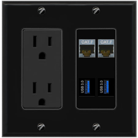 RiteAV 2 CAT7 2 USB-3 Wall Plate with 15A Power Outlet [Black]