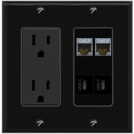 RiteAV 2 CAT7 2 USBC Wall Plate with 15A Power Outlet [Black]