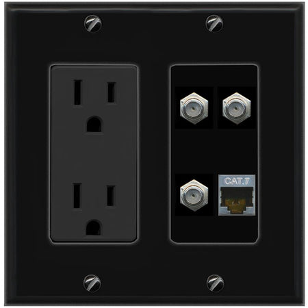 RiteAV CAT7 3 COAX Wall Plate with 15A Power Outlet [Black]