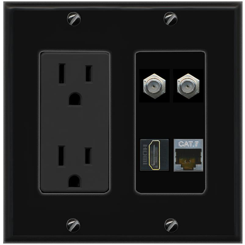 RiteAV CAT7 2 COAX HDMI Wall Plate with 15A Power Outlet [Black]