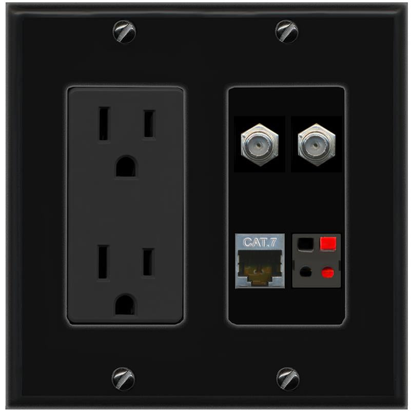 RiteAV CAT7 2 COAX SPEAKER Wall Plate with 15A Power Outlet [Black]