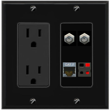 RiteAV CAT7 2 COAX SPEAKER Wall Plate with 15A Power Outlet [Black]