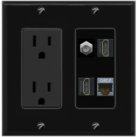 RiteAV CAT7 COAX 2 HDMI Wall Plate with 15A Power Outlet [Black]