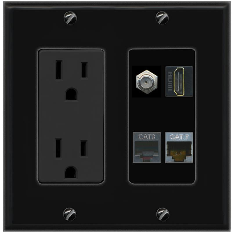 RiteAV CAT7 COAX HDMI PHONE Wall Plate with 15A Power Outlet [Black]