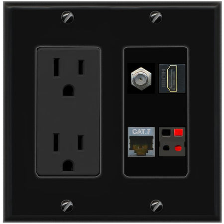 RiteAV CAT7 COAX HDMI SPEAKER Wall Plate with 15A Power Outlet [Black]