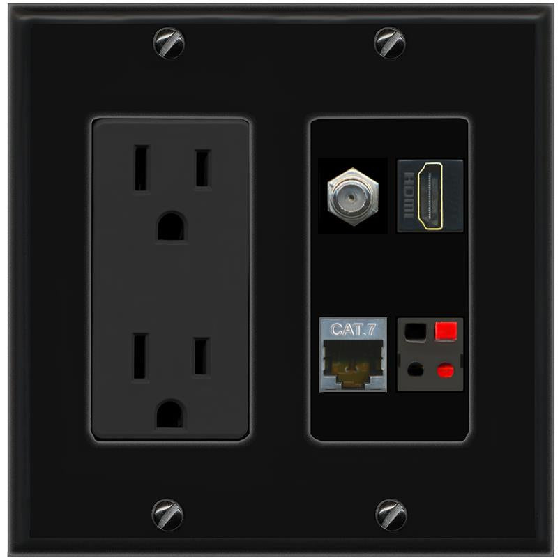 RiteAV CAT7 COAX HDMI SPEAKER Wall Plate with 15A Power Outlet [Black]