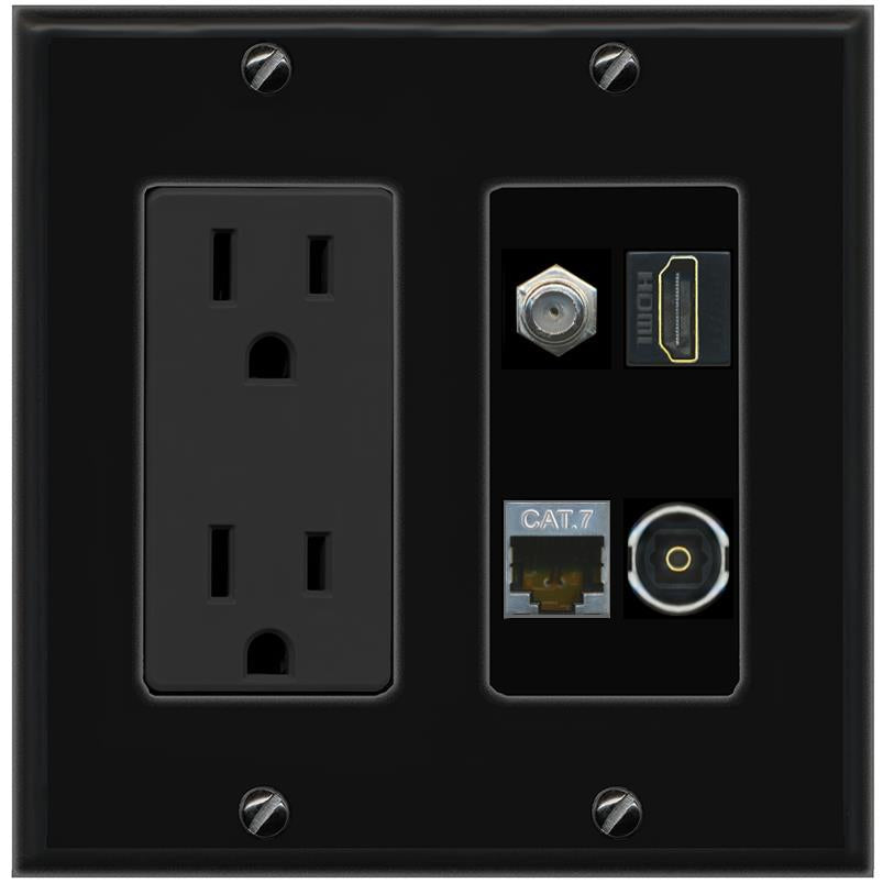 RiteAV CAT7 COAX HDMI TOSLINK Wall Plate with 15A Power Outlet [Black]