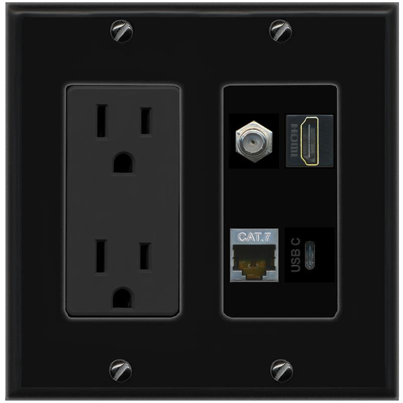 RiteAV CAT7 COAX HDMI USBC Wall Plate with 15A Power Outlet [Black]