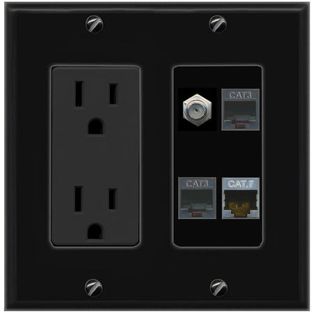 RiteAV CAT7 COAX 2 PHONE Wall Plate with 15A Power Outlet [Black]
