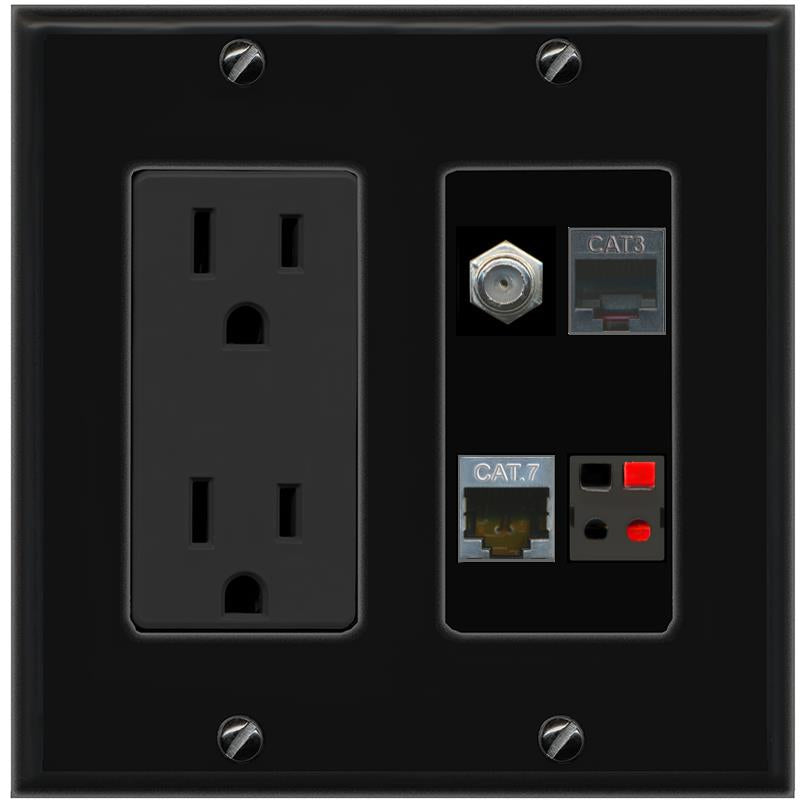 RiteAV CAT7 COAX PHONE SPEAKER Wall Plate with 15A Power Outlet [Black]