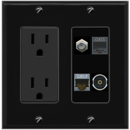 RiteAV CAT7 COAX PHONE TOSLINK Wall Plate with 15A Power Outlet [Black]