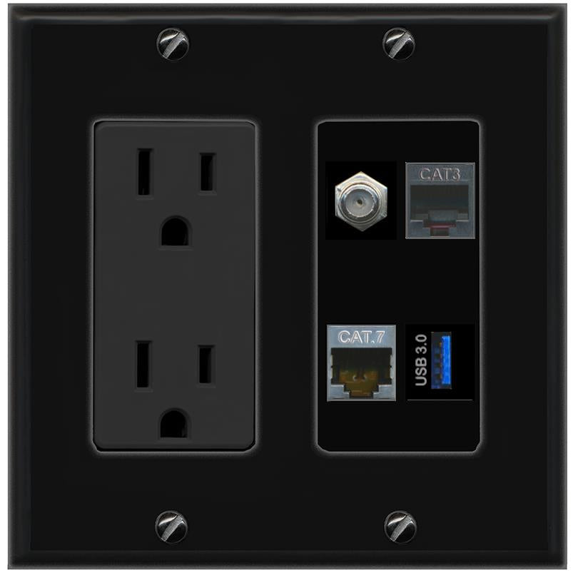 RiteAV CAT7 COAX PHONE USB-3 Wall Plate with 15A Power Outlet [Black]