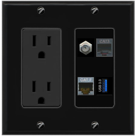 RiteAV CAT7 COAX PHONE USB-3 Wall Plate with 15A Power Outlet [Black]