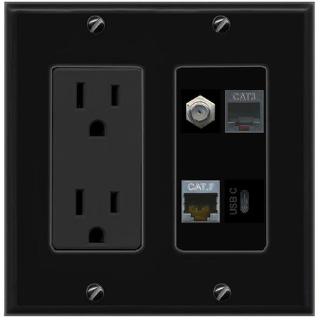 RiteAV CAT7 COAX PHONE USBC Wall Plate with 15A Power Outlet [Black]