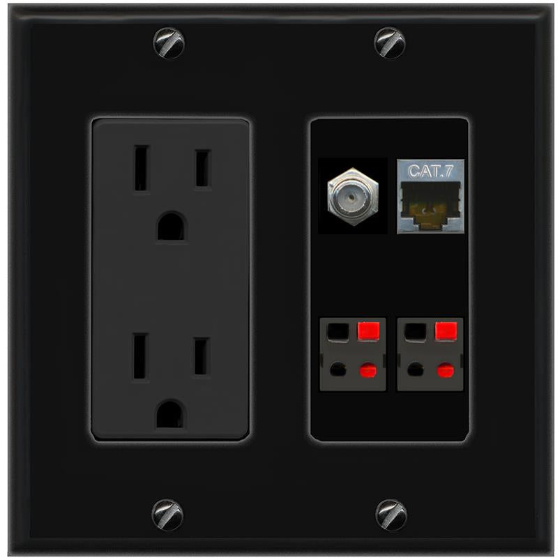 RiteAV CAT7 COAX 2 SPEAKER Wall Plate with 15A Power Outlet [Black]