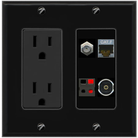 RiteAV CAT7 COAX SPEAKER TOSLINK Wall Plate with 15A Power Outlet [Black]