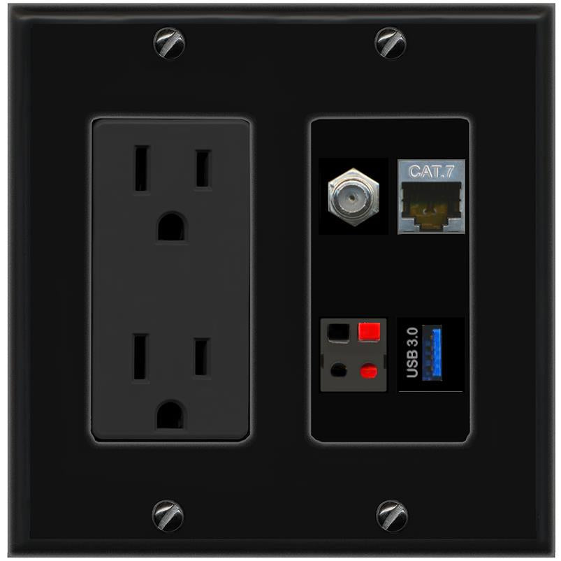 RiteAV CAT7 COAX SPEAKER USB-3 Wall Plate with 15A Power Outlet [Black]