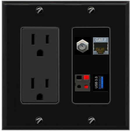 RiteAV CAT7 COAX SPEAKER USB-3 Wall Plate with 15A Power Outlet [Black]
