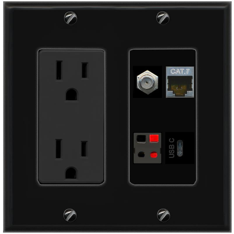 RiteAV CAT7 COAX SPEAKER USBC Wall Plate with 15A Power Outlet [Black]
