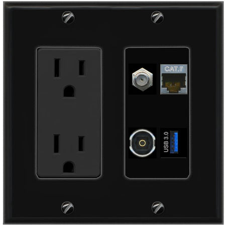 RiteAV CAT7 COAX TOSLINK USB-3 Wall Plate with 15A Power Outlet [Black]