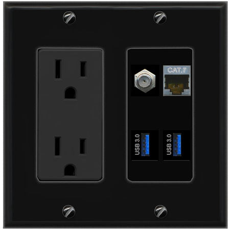 RiteAV CAT7 COAX 2 USB-3 Wall Plate with 15A Power Outlet [Black]