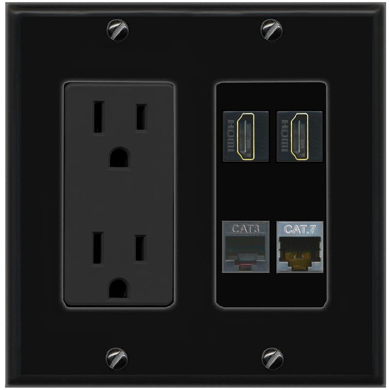 RiteAV CAT7 2 HDMI PHONE Wall Plate with 15A Power Outlet [Black]