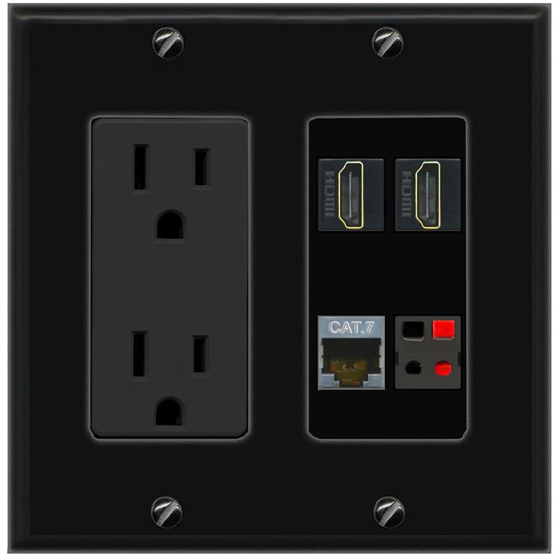 RiteAV CAT7 2 HDMI SPEAKER Wall Plate with 15A Power Outlet [Black]
