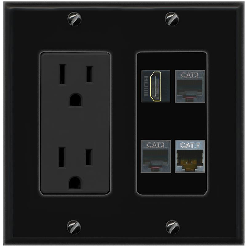 RiteAV CAT7 HDMI 2 PHONE Wall Plate with 15A Power Outlet [Black]