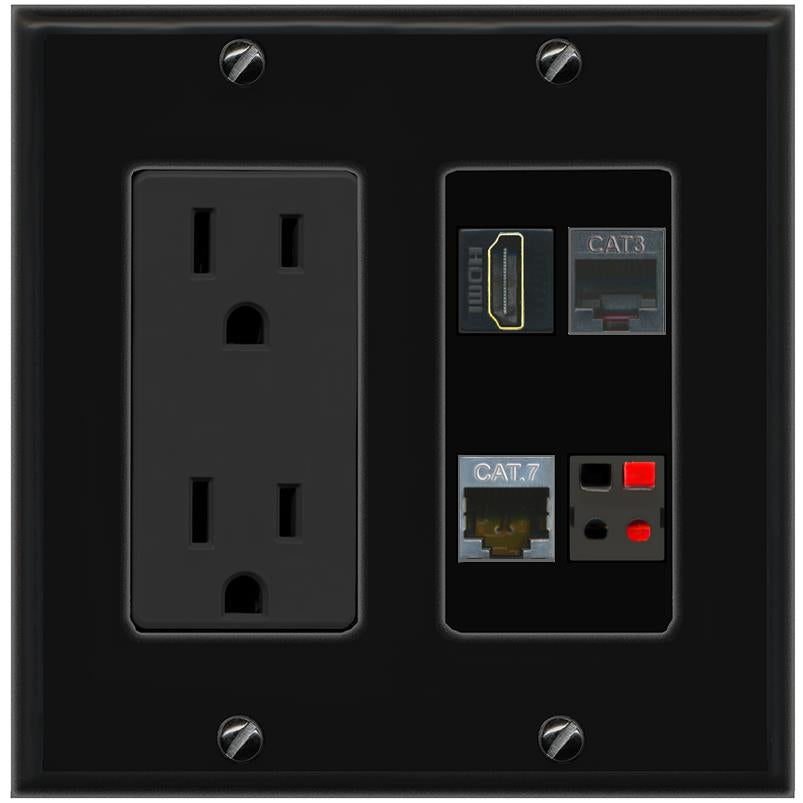 RiteAV CAT7 HDMI PHONE SPEAKER Wall Plate with 15A Power Outlet [Black]