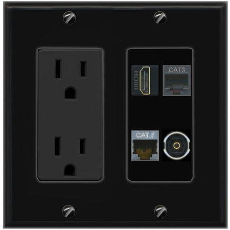 RiteAV CAT7 HDMI PHONE TOSLINK Wall Plate with 15A Power Outlet [Black]