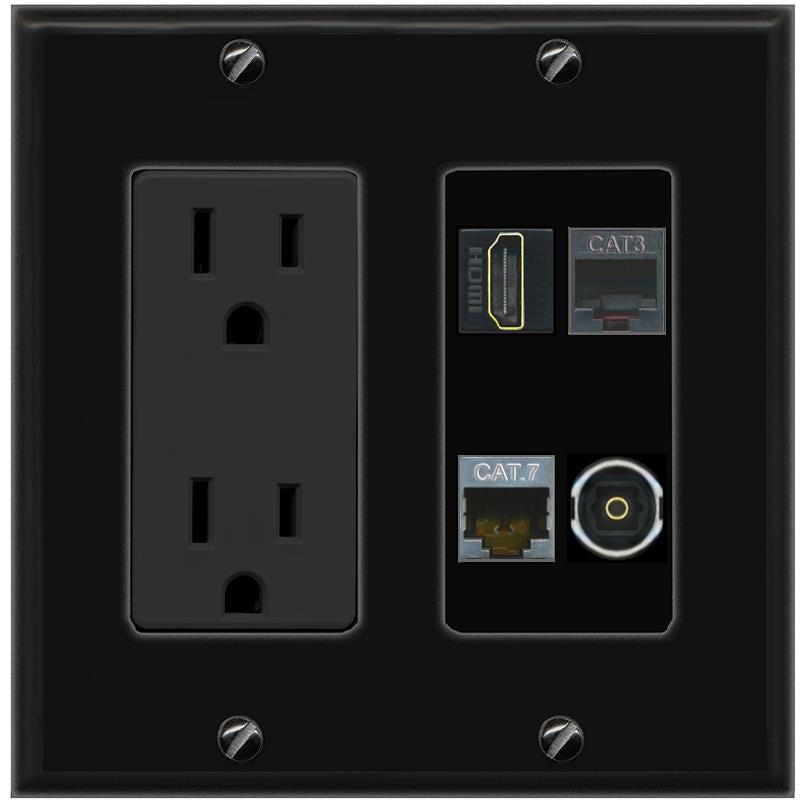 RiteAV CAT7 HDMI PHONE TOSLINK Wall Plate with 15A Power Outlet [Black]